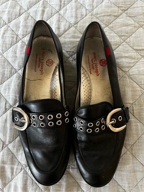Marc Joseph Black Leather Loafers with Silver Buckle & Grommet Strap